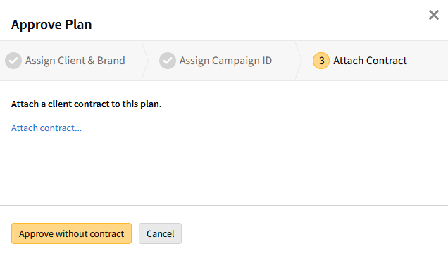 Approve plan modal set to the Attach Contract tab